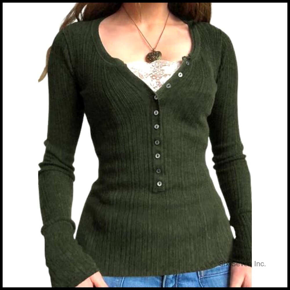 Long Sleeve Henley Top Slim Fit V Neck Ribbed Knit Lace Accent Casual Chic